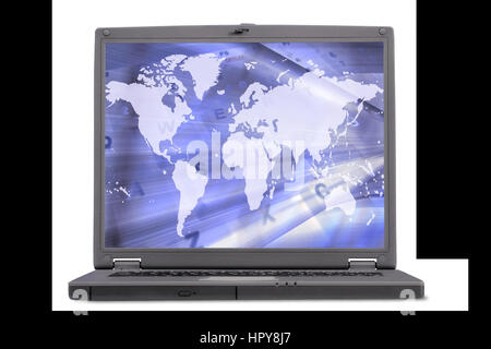 laptop view from the front with an abstract world map on the screen Stock Photo