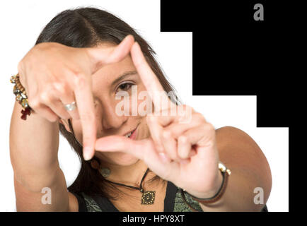 girl doing a hand frame over white Stock Photo