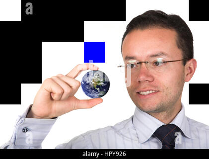 business man holding globe over white - globe from www.nasa.org Stock Photo