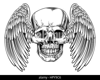 Winged skull drawing in a vintage retro woodcut etched or engraved style Stock Photo