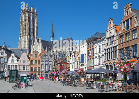 MECHELEN - SEPTEMBER 4: Grote markt and St. Rumbold's cathedral Sepetember 4, 2013 in Mechelen, Belgium. Stock Photo