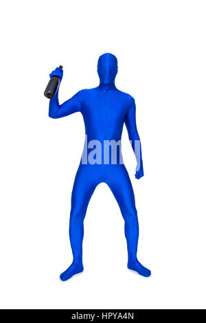 Mysterious blue man in morphsuit with bottle Stock Photo