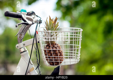 Pineapple in bike basket green blurred background bokeh Stock Photo