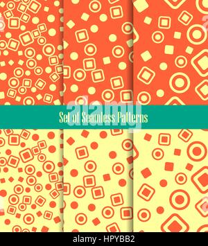 Set of Seamless patterns. Circles squares and dots abstract backgrounds. Vector illustration. Polka decoration template. Stock Vector