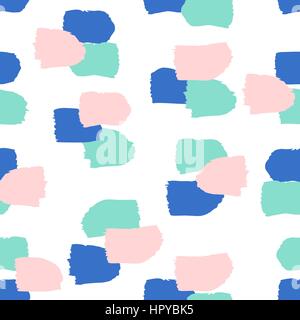 Seamless repeating pattern with brush strokes in blue, turquoise green and pastel pink on white background. Retro style tiling background, poster, tex Stock Vector