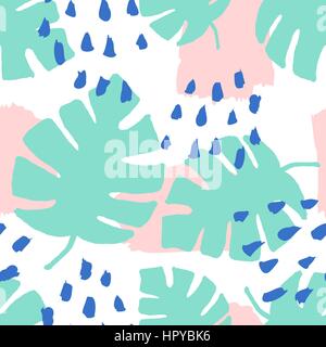 Seamless repeating pattern with brush strokes in blue and pastel pink and green tropical leaves on white background. Retro style tiling background. Stock Vector