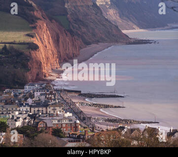 Overhead aerial view of Sidmouth Devon  from South West Coastal Path on Peak Hill, above the Regency town, red sandstone cliffs dominate the landscape Stock Photo