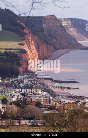 Overhead aerial view of Sidmouth Devon  from South West Coastal Path on Peak Hill, above the Regency town, red sandstone cliffs dominate the landscape Stock Photo