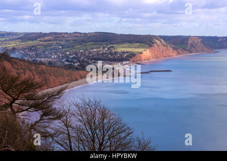 Overhead aerial view of Sidmouth Devon  from South West Coastal Path at High Peak, above the Regency town, red sandstone cliffs dominate the landscape Stock Photo