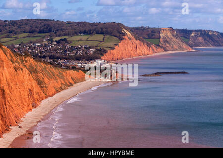 Overhead aerial view of Sidmouth Devon  from South West Coastal Path on Peak Hill, above the Regency town, red sandstone cliffs dominate the landscape Stock Photo