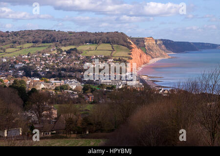 Sidmouth Devon aerial view from South West Coastal Path on Peak Hill, above the Regency town, red sandstone cliffs dominate the landscape Stock Photo