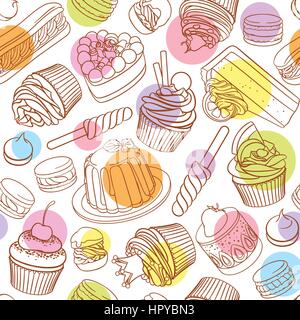 Assorted pastel outlined colorful desserts, pastries, sweets, candies, cupcakes. Seamless vector pattern with polka dots on white background. Stock Vector