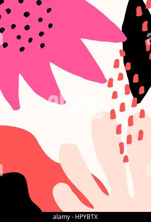 Collage style design with abstract and organic shapes in pastel pink, fuchsia, red, black and cream. Abstract textile, wrapping paper, wall art design Stock Vector