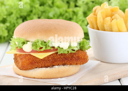 Fish burger fishburger hamburger with fries tomatoes lettuce cheese unhealthy Stock Photo