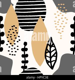 Collage style seamless repeat pattern with abstract and organic shapes in mustard yellow, gray, black and cream. Modern and original textile, wrapping Stock Vector