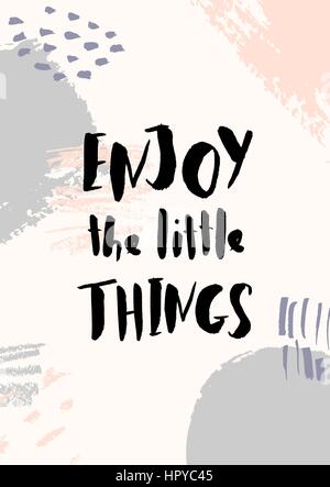 Enjoy the Little Things - inspirational quote poster design. Hand lettered text in black on abstract brush strokes background in pastel colors. Stock Vector