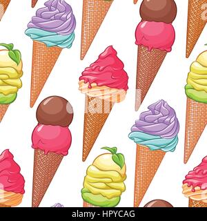 Seamless vector pattern of varied colorful ice cream cones on white background. Stock Vector