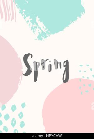 Spring - hand lettered text in gray on abstract brush strokes background in pastel colors. Stock Vector