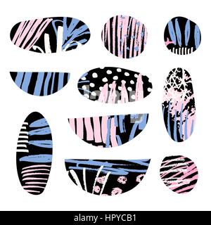 A set of textured geometric shapes in black, blue and pink, isolated on white background. Stock Vector