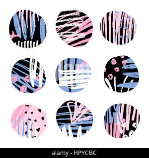 A set of textured round shapes in black, blue and pink, isolated on white background. Stock Vector