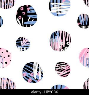 Seamless repeat pattern with textured round shapes in black, blue and pink, isolated on white background. Stock Vector