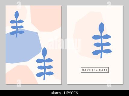 A set of two wedding stationery design cards. Abstract brush strokes in pastel colors with botanical elements isolated on gray background. Stock Vector