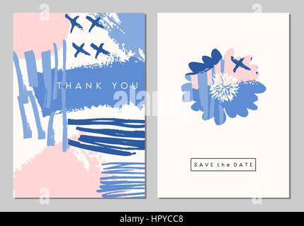 A set of two wedding stationery design cards. Abstract brush strokes in pastel colors and cream isolated on gray background. Stock Vector
