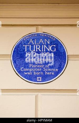 LONDON, UK - FEBRUARY 16TH 2017: A blue plaque on Warrington Cresent in the Maida Vale area of London, marking the location where famous Code-breaker  Stock Photo