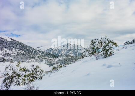 winter mountan and forest scene in turkey,mountains nearby mediterranean coast fethiye antalya, karli dag manzarasi fethiye Stock Photo