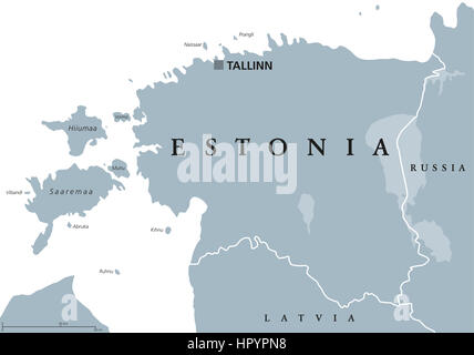 Estonia political map with capital Tallinn, national borders and neighbor countries. Republic in Northern Europe, one of the three Baltic states. Stock Photo