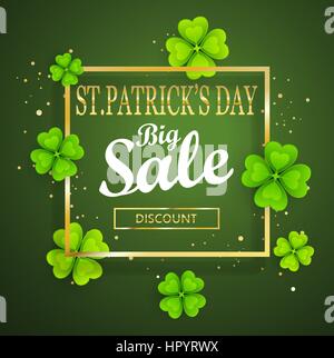 St.Patrick's day big sale background, poster template.Green abstract background with clovers leaves ornaments.March 17.Vector illustration. Stock Vector