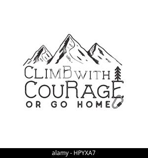 Climbing vintage label design. Hand drawn badge with mountain, climb gear and typography elements. Outdoors adventure t shirt, logotype. Vector illustration Stock Vector