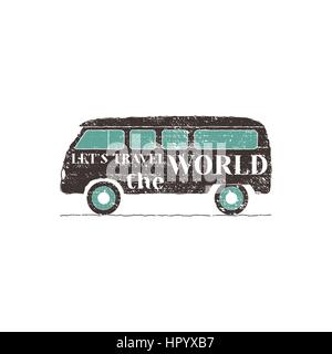 Camper van car logo, emblem and badge isolated on white background. RV and caravan park design. Recreational vehicle vector illustration with typography elements. Stock Vector