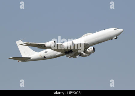 A US Navy E-6B Mercury climbing out of RAF Mildenhall. These aircraft are used to communicate with submerged missile submarines. Stock Photo