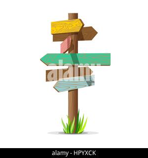 Colored wooden arrow empty vector signboard. Wood sign post concept with grass. Board pointer illustration isolated on a white background Stock Vector