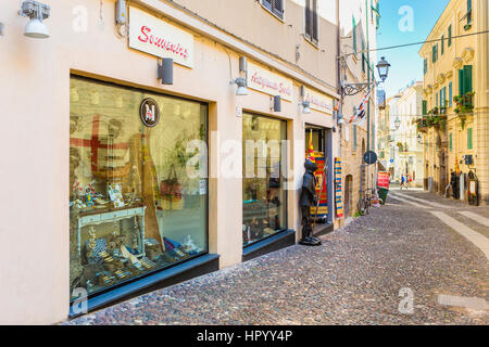 Street scene in the historical centre of Alghero, Sarssari, Sardinia, Italy Stock Photo