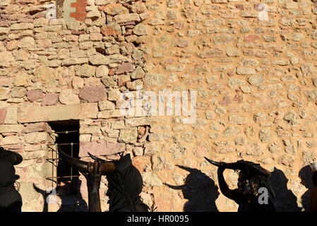 Luzón, Spain. 25th Feb, 2017. Men covered in oil and soot carrying bull horns on their head and cowbells on a belt representing devils, pictured during a traditional carnival celebration in the small village of Luzon, Spain. Credit: Jorge Sanz/Pacific Press/Alamy Live News Stock Photo