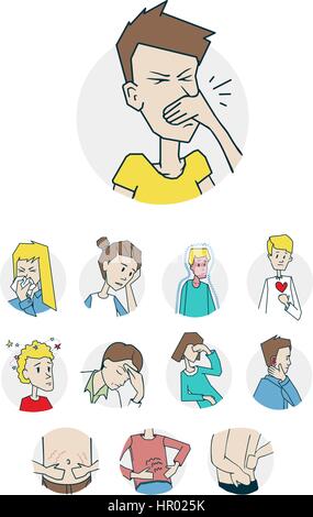 Diseases and illnesses icons set. Icon on medical topic. Illustration of a funny cartoon style Stock Vector
