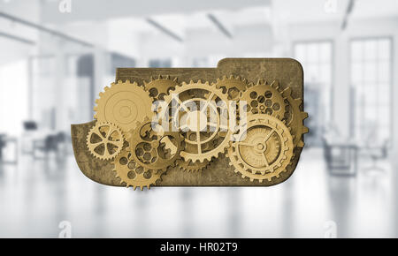 Color gears and cogwheels mechanism or engine on white office background. 3d rendering Stock Photo