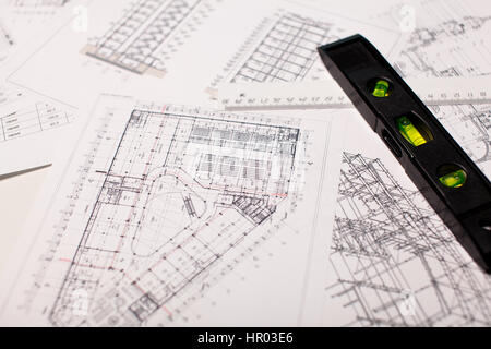 Architecture background: Construction plan tools and blueprint drawings Stock Photo