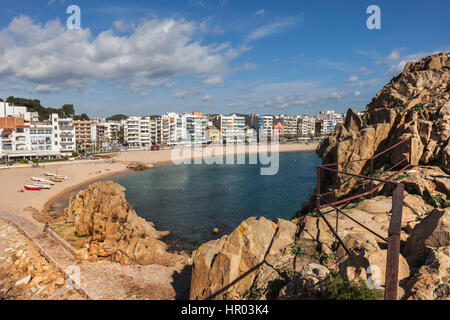 Spain, Costa Brava, Blanes town skyline and sea bay with beach from Sa Palomera Rock Stock Photo
