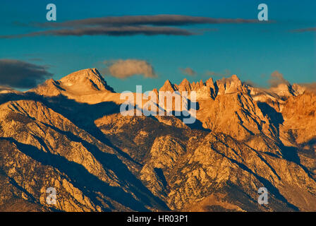 Eastern Sierra Nevada with Mt Whitney seen across Owens Valley from Cerro Gordo Road in Inyo Mountains at sunrise, California, USA Stock Photo