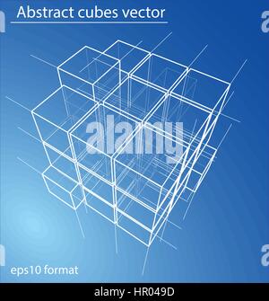 Wireframe Boxes. Sketch style. 3D Rendering Vector Illustration EPS10 Stock Vector