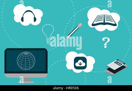 Education and cloud computing concept with funny character. African American student. Online education concept with book, download icon, idea symbol Stock Vector