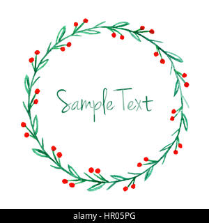 Round watercolor hand drawn Christmas wreath with leaves and holly berries isolated on white background Stock Photo
