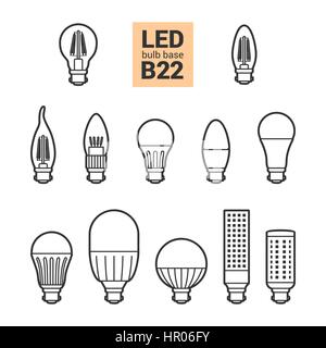 LED light bulbs with B22 base, vector outline icon set on white background Stock Vector