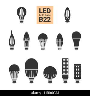 LED light bulbs with B22 base, vector silhouette icon set on white background Stock Vector