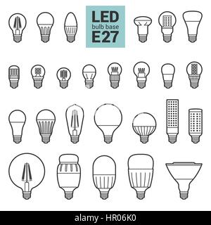 LED light bulbs with E27 base, vector outline icon set on white background Stock Vector