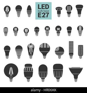 LED light bulbs with E27 base, vector silhouette icon set on white background Stock Vector