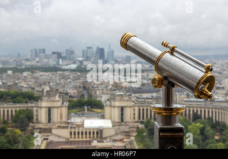 Wet telescope on top the Eiffel Tower. View of the city Paris at the prospect of the gallery Eiffel tower. Stock Photo